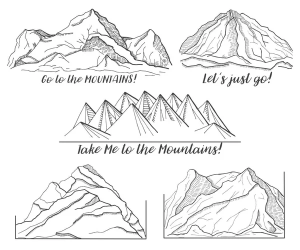 Uppsättning av olika bilder med berg. Vektorillustration av en skiss stil. — Stock vektor