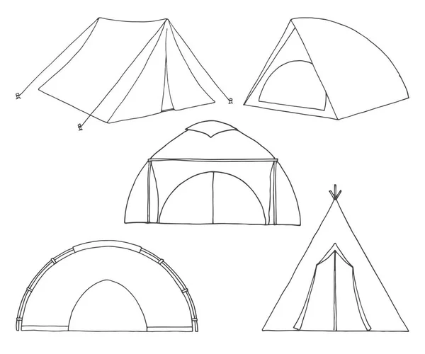 다른 관광 텐트의 집합입니다. 그려진된 벡터 일러스트 레이 션 스케치 스타일의 손. — 스톡 벡터