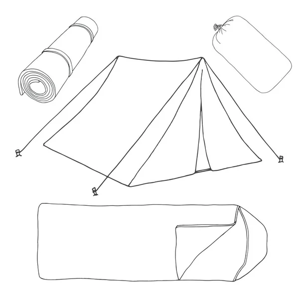 Turism och camping set. Hand dras vektorillustration av en skiss stil. Linjär ikonen. — Stock vektor