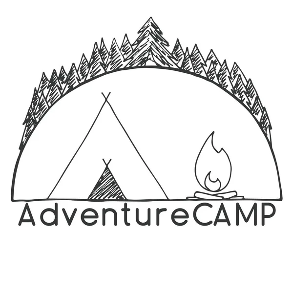 Палатка и костёр у деревьев. Эмблема, логотип лагеря. Ручная рисованная векторная иллюстрация стиля эскиза . — стоковый вектор