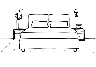 Elle çizilmiş kroki. Bir iç doğrusal taslağını. Satır yatak odası kroki. Vektör çizim. Oda planı.