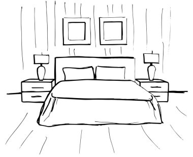 Elle çizilmiş kroki. Bir iç doğrusal taslağını. Satır yatak odası kroki. Vektör çizim. Oda planı.