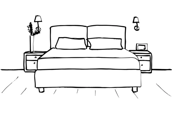 手描きのスケッチ。インテリアの線形のスケッチ。ラインのベッドルームをスケッチします。ベクトルの図。部屋プラン. — ストックベクタ