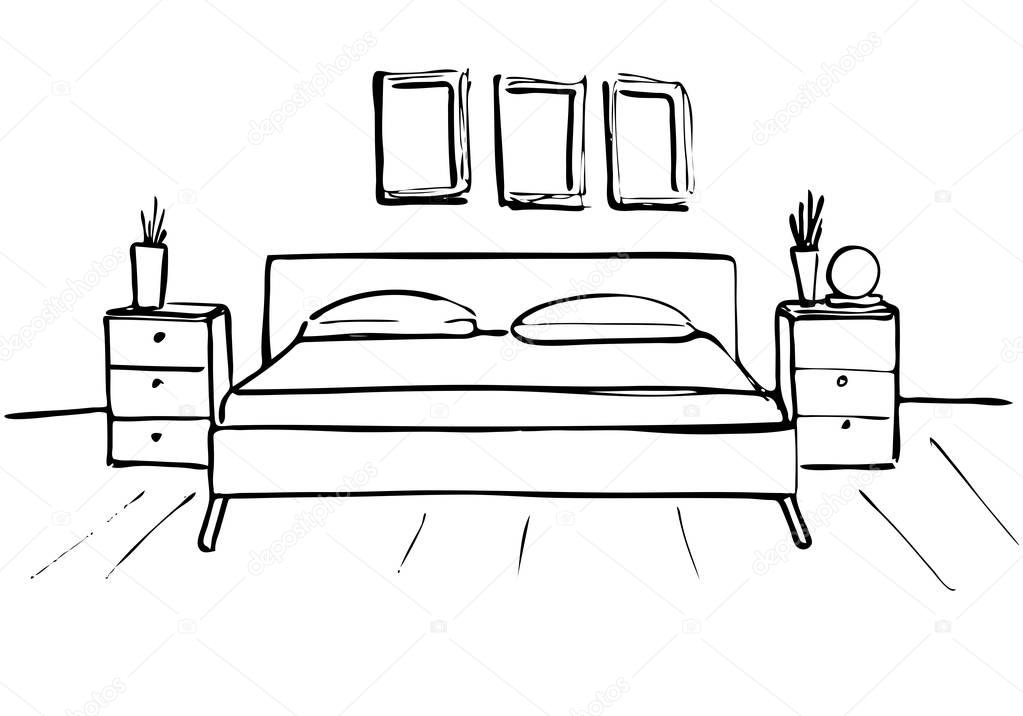 Hand drawn sketch. Linear sketch of an interior. Sketch Line bedrooms. Vector illustration. Room plan.