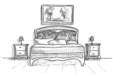 Elle çizilmiş kroki. Bir iç doğrusal taslağını. Satır yatak odası kroki. Vektör çizim. Oda planı.