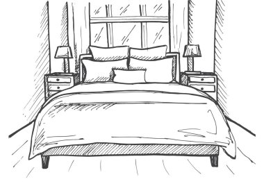 Elle çizilmiş kroki. Bir iç doğrusal taslağını. Satır yatak odası kroki. Vektör çizim. Oda planı.