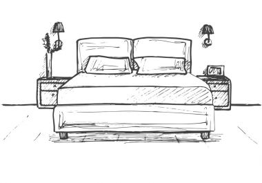 Elle çizilmiş kroki. Bir iç doğrusal taslağını. Satır yatak odası kroki. Vektör çizim. Oda planı.