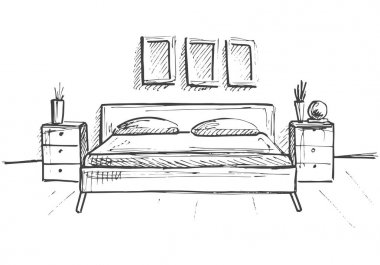 Elle çizilmiş kroki. Bir iç doğrusal taslağını. Satır yatak odası kroki. Vektör çizim. Oda planı.