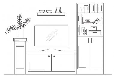 Doğrusal kroki iç. Kitaplık, şifoniyer Tv ve raflar. Vektör çizim