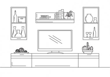 Doğrusal kroki iç. Kitaplık, şifoniyer Tv ve raflar. Vektör çizim