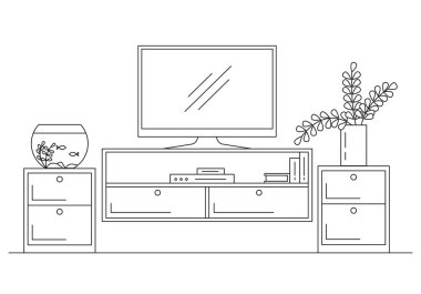 Doğrusal kroki iç. Kitaplık, şifoniyer Tv ve raflar. Vektör çizim