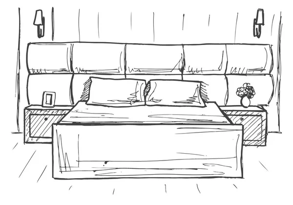Schizzo disegnato a mano. Schizzo lineare di un interno. Camere da letto Sketch Line. Illustrazione vettoriale. Piano camera . — Vettoriale Stock