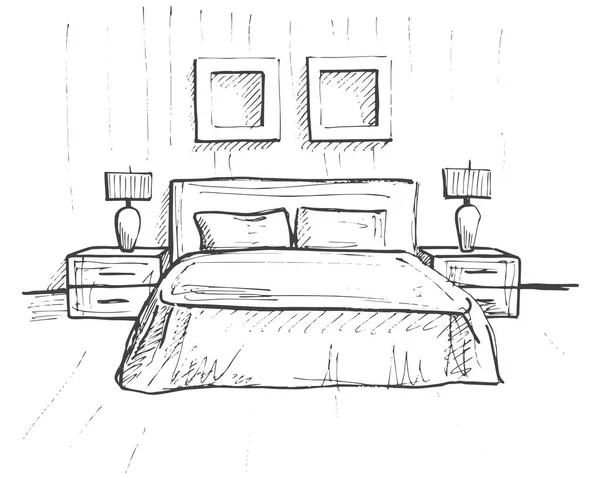 Croquis dessiné à la main. Croquis linéaire d'un intérieur. Sketch Line chambres. Illustration vectorielle. Plan de chambre . — Image vectorielle