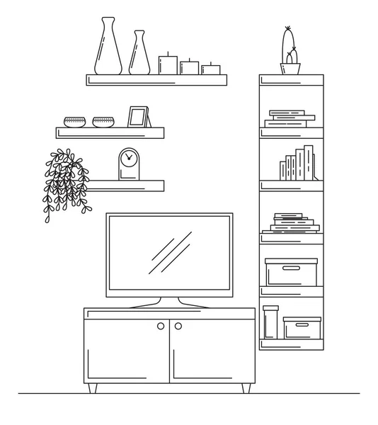 Lineaire schets van het interieur. Boekenkast, dressoir met Tv en planken. Vectorillustratie — Stockvector