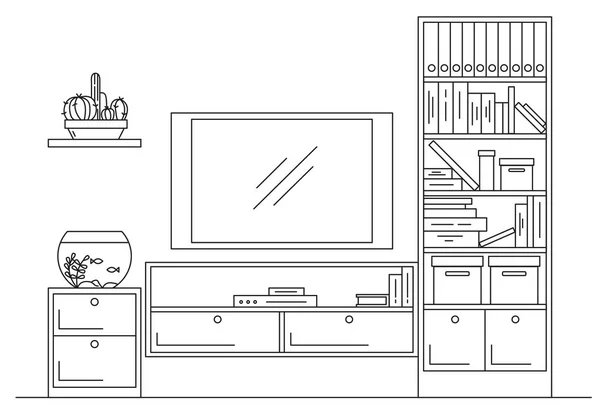 内部の線形のスケッチ。本棚とテレビ棚ドレッサー。ベクトル図 — ストックベクタ