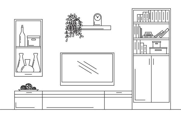 Sketsa Linear interior. Bookcase, lemari dengan TV dan rak. Ilustrasi vektor - Stok Vektor