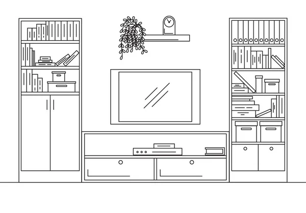 Esbozo lineal del interior. Librería, cómoda con TV y estanterías. Ilustración vectorial — Vector de stock