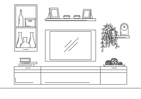 Sketsa Linear interior. Bookcase, lemari dengan TV dan rak. Ilustrasi vektor - Stok Vektor