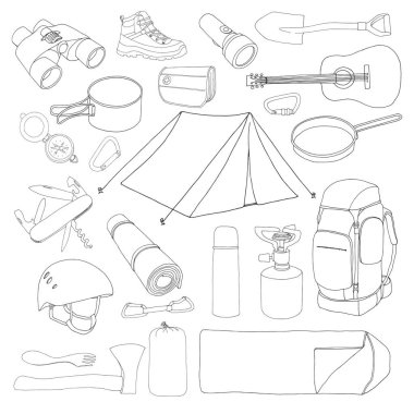 Turizm ve kamp seti. Bir kroki tarzı çizilmiş vektör çizim el.