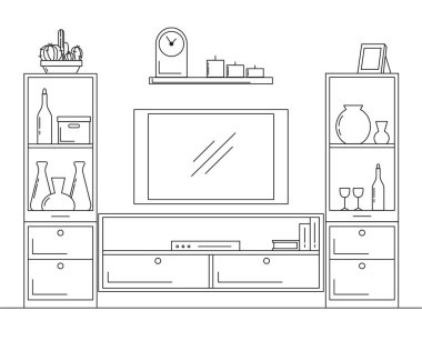 Doğrusal kroki iç. Kitaplık, şifoniyer Tv ve raflar. Vektör çizim