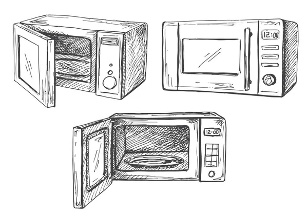 Set forno a microonde isolato su sfondo bianco. Illustrazione vettoriale di uno stile di schizzo . — Vettoriale Stock