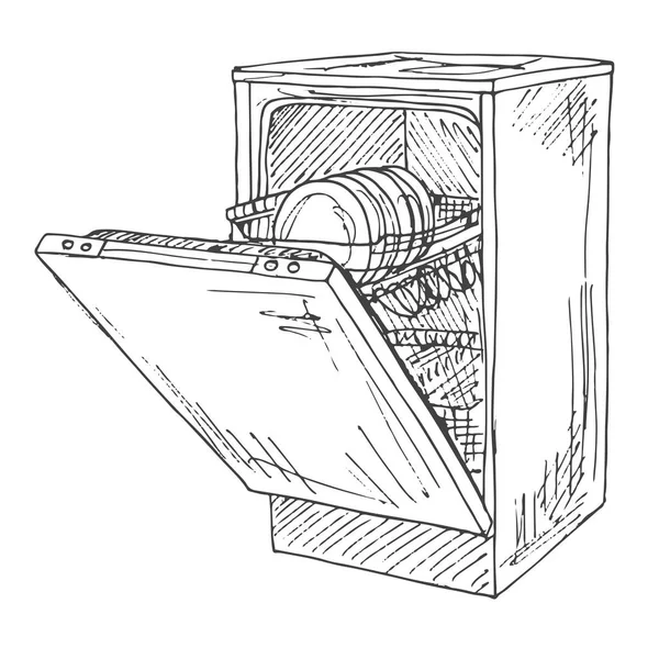 Lavavajillas aislado sobre fondo blanco. Ilustración vectorial de un estilo de boceto . — Vector de stock