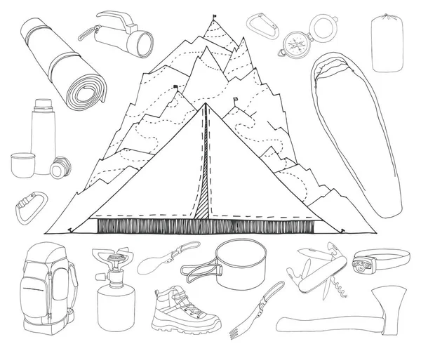 Turismo e camping conjunto. Tenda contra o fundo das montanhas. Ilustração vetorial desenhada à mão de um estilo de esboço . — Vetor de Stock