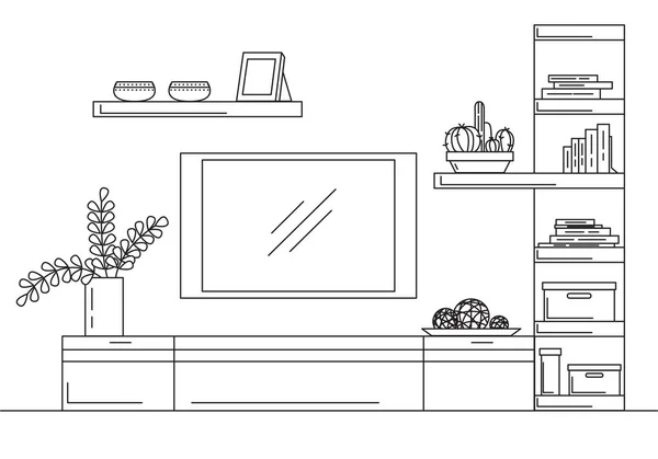 Lineaire schets van het interieur. Boekenkast, dressoir met Tv en planken. Vectorillustratie — Stockvector