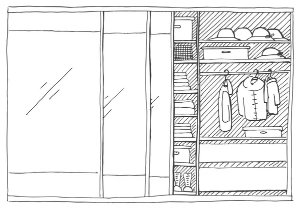 Armoire ouverte avec des vêtements sur des étagères et cintres. Illustration vectorielle d'un style de croquis . — Image vectorielle