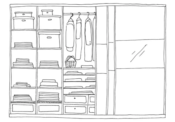 Armoire ouverte avec des vêtements sur des étagères et cintres. Illustration vectorielle d'un style de croquis . — Image vectorielle