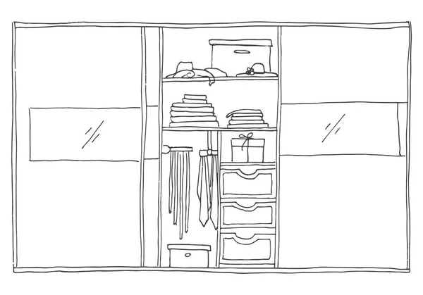 Armoire ouverte avec des vêtements sur des étagères et cintres. Illustration vectorielle d'un style de croquis . — Image vectorielle