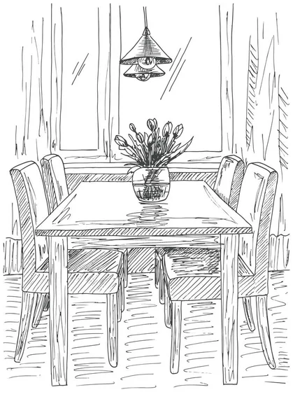 Tafel en stoelen. Op de tabel vaas met bloemen. Vectorillustratie. Hand getrokken. — Stockvector