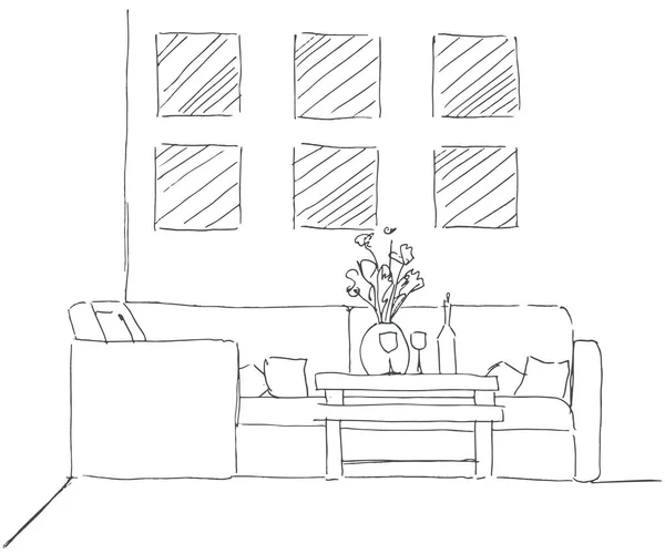 Schizzo lineare di un interno. Piano della stanza. Illustrazione vettoriale. Schizzo lineare degli interni . — Vettoriale Stock