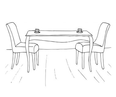 Bir tablo ve iki sandalye. Masada iki bardak vardır. Vektör çizim. Elle çizilmiş.