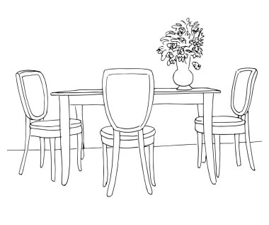 Yemek odası bir parçası. Masa ve sandalyeler. Üzerinde tablo vazo çiçek. Elle çizilmiş kroki. Vektör çizim.