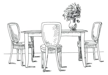 Masa ve sandalyeler. Üzerinde tablo vazo çiçek. Vektör çizim. Elle çizilmiş.
