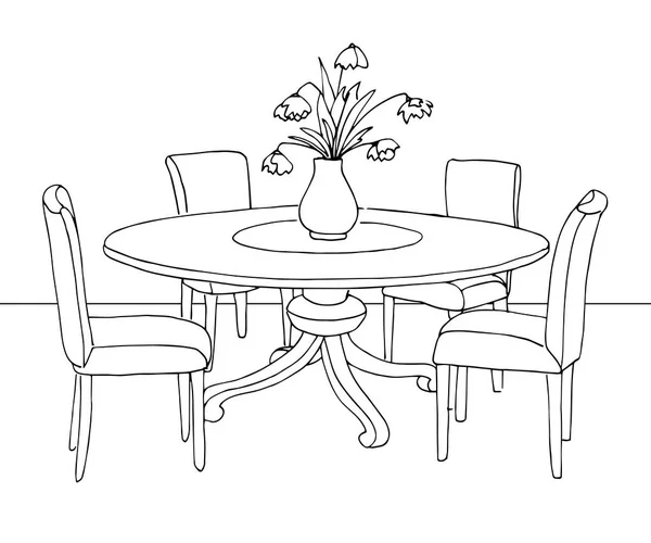 Parte della sala da pranzo. Tavola rotonda e sedie.Sulla tavola vaso di fiori. Schizzo disegnato a mano.Illustrazione vettoriale . — Vettoriale Stock