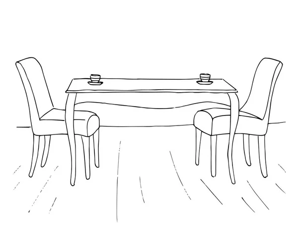 Tisch und zwei Stühle. Auf dem Tisch liegen zwei Tassen. Vektorillustration. Handgezeichnet. — Stockvektor