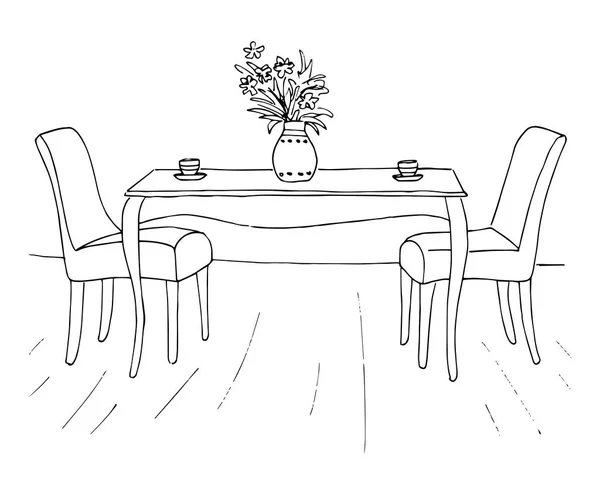 Mesa e duas cadeiras. Na mesa estão duas xícaras e um vaso de flores. Ilustração vetorial. Desenhado à mão . — Vetor de Stock