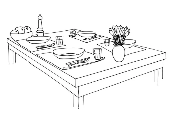 Mesa servida. Platos, vasos, cuchillos, tenedores y un jarrón con flores sobre la mesa. Dibujo dibujado a mano de la mesa. Ilustración vectorial . — Archivo Imágenes Vectoriales