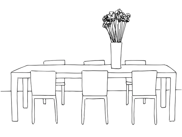 Table and chairs. On the table vase of flowers. Vector illustration. Hand drawn. — Stock Vector
