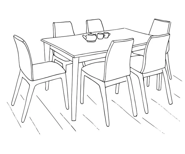 Mesa y sillas. En la mesa hay dos tazas. Dibujo dibujado a mano.Ilustración vectorial . — Vector de stock