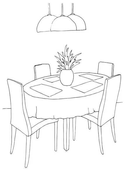 Parte del comedor. Mesa redonda y sillas. Sobre la mesa florero de flores. Las lámparas cuelgan sobre la mesa. Dibujo dibujado a mano.Ilustración vectorial . — Archivo Imágenes Vectoriales
