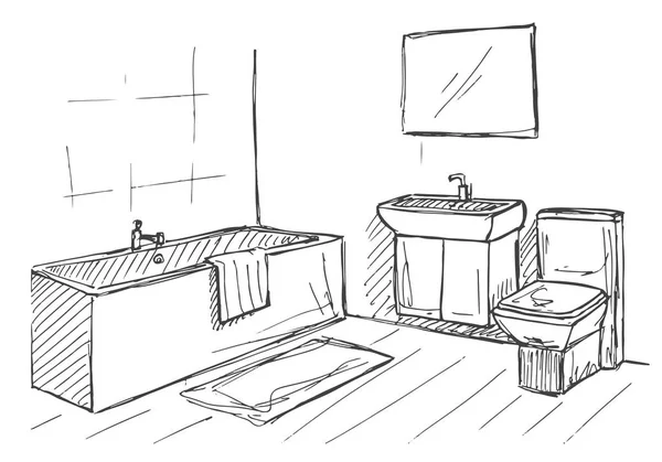 Ручной рисунок. Линейный эскиз интерьера. Часть ванной комнаты. Векторная иллюстрация — стоковый вектор