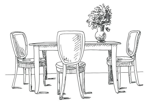 Tafel en stoelen. Op de tabel vaas met bloemen. Vectorillustratie. Hand getrokken. — Stockvector