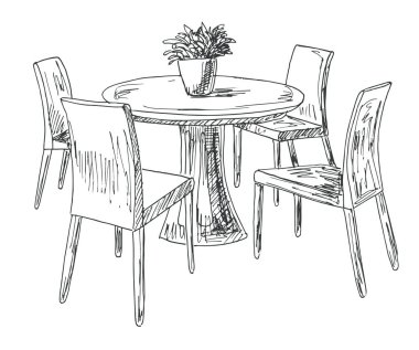 Yemek odası bir parçası. Yuvarlak masa ve sandalyeler. Üzerinde tablo vazo çiçek. Elle çizilmiş kroki. Vektör çizim.