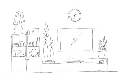 El çizimi eskiz. İçinin doğrusal çizimi. Kitaplık, televizyon ve raflı şifonyer. Vektör illüstrasyonu