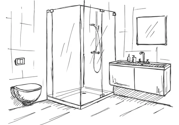 Dibujo dibujado a mano. El bosquejo lineal del interior. Parte del baño. Ilustración vectorial — Archivo Imágenes Vectoriales