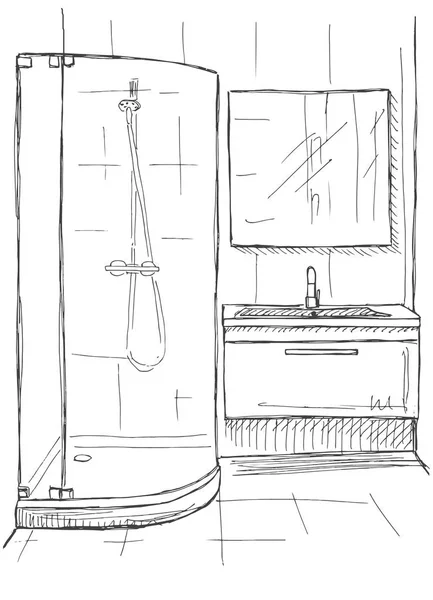 Handgezeichnete Skizze. lineare Skizze eines Innenraums. Teil des Bades. Vektorillustration — Stockvektor