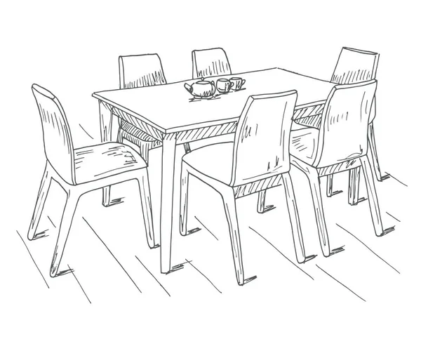 Mesa e cadeiras. No vaso de mesa de flores. Ilustração vetorial. Desenhado à mão . —  Vetores de Stock